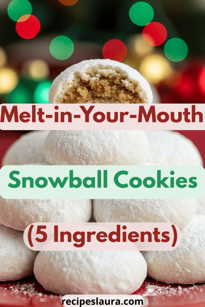 Vertical close-up of a stack of white powdered sugar snowball cookies on a red plate. The top cookie has a bite taken out, revealing a crumbly pecan texture inside. Background features blurred red and green Christmas lights.