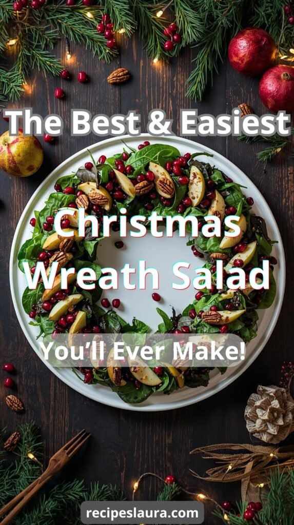 The image features a top-down view of the festive salad arranged in a wreath shape on a white platter, set against a dark wooden background with holiday decorations. Large white text overlays the image with the title, and "recipeslaura.com" is at the bottom.